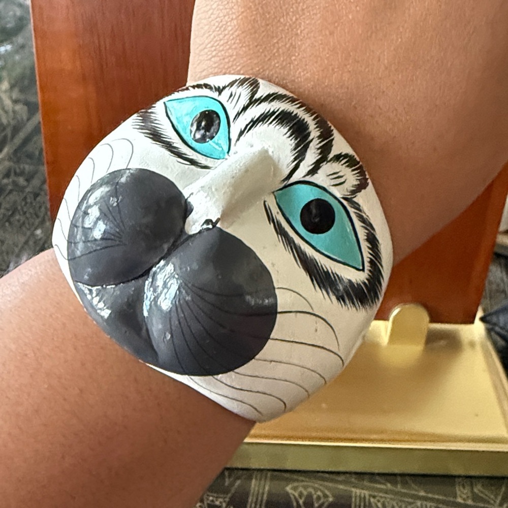 Vintage Hand Painted Cat Wooden Cuff Bracelet Rare